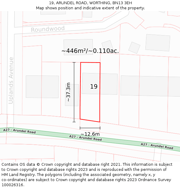 19, ARUNDEL ROAD, WORTHING, BN13 3EH: Plot and title map