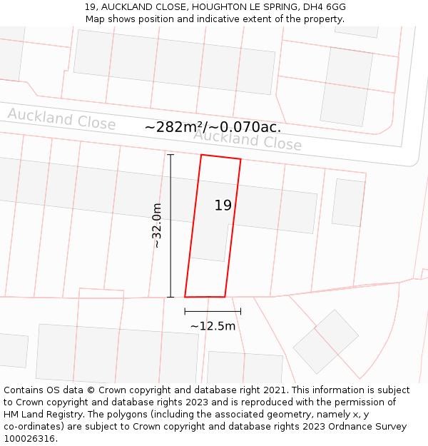 19, AUCKLAND CLOSE, HOUGHTON LE SPRING, DH4 6GG: Plot and title map