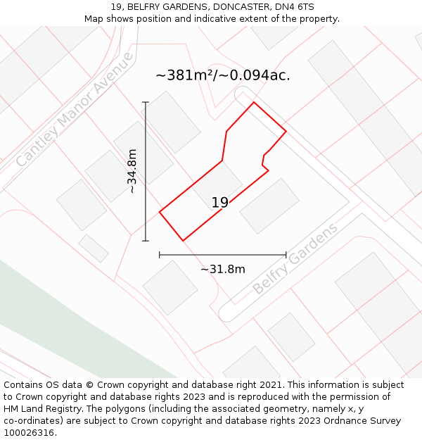 19, BELFRY GARDENS, DONCASTER, DN4 6TS: Plot and title map