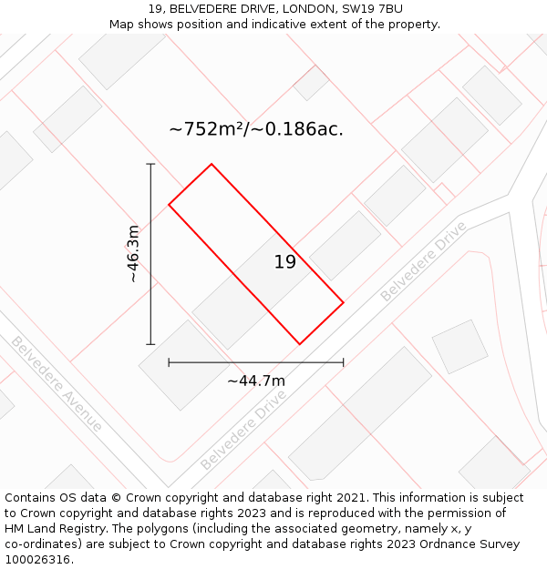 19, BELVEDERE DRIVE, LONDON, SW19 7BU: Plot and title map