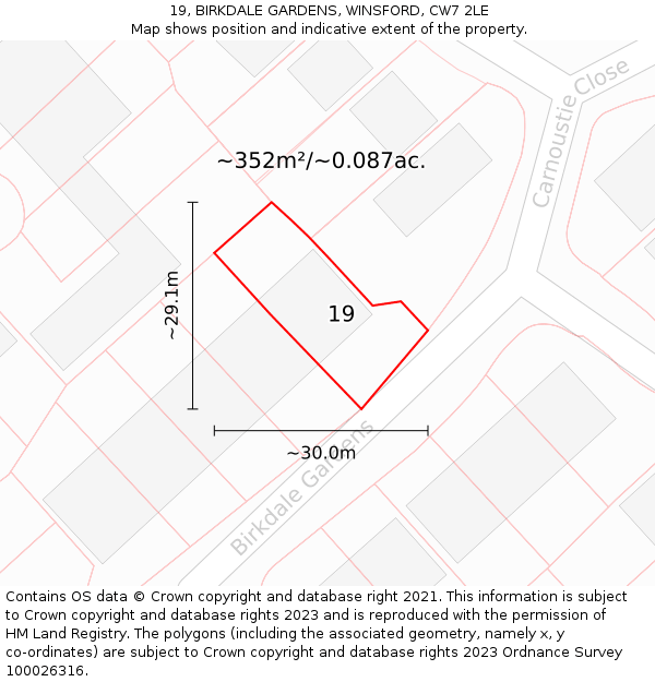 19, BIRKDALE GARDENS, WINSFORD, CW7 2LE: Plot and title map