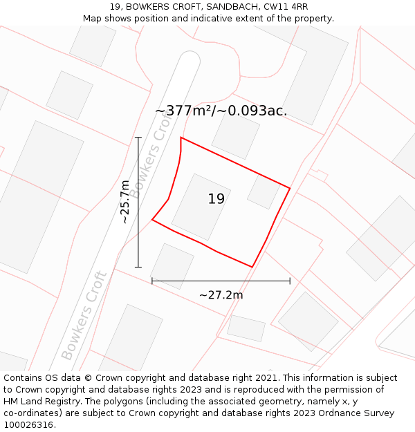 19, BOWKERS CROFT, SANDBACH, CW11 4RR: Plot and title map