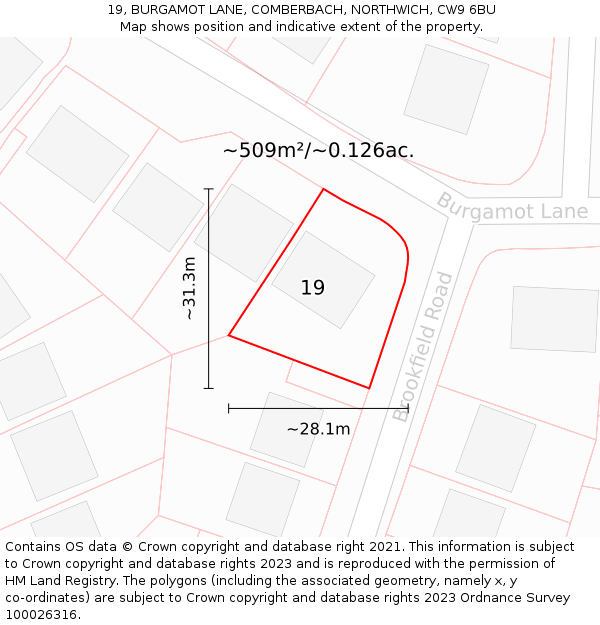 19, BURGAMOT LANE, COMBERBACH, NORTHWICH, CW9 6BU: Plot and title map