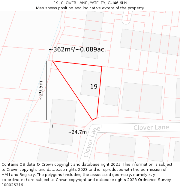 19, CLOVER LANE, YATELEY, GU46 6LN: Plot and title map