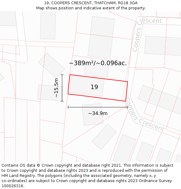 19, COOPERS CRESCENT, THATCHAM, RG18 3GA: Plot and title map