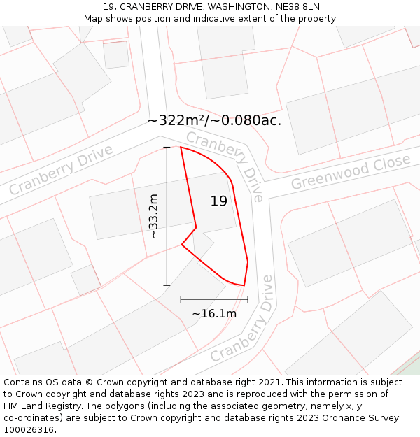 19, CRANBERRY DRIVE, WASHINGTON, NE38 8LN: Plot and title map