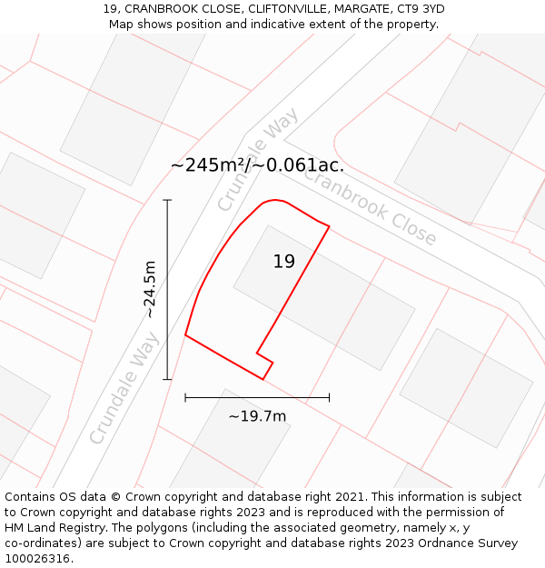 19, CRANBROOK CLOSE, CLIFTONVILLE, MARGATE, CT9 3YD: Plot and title map