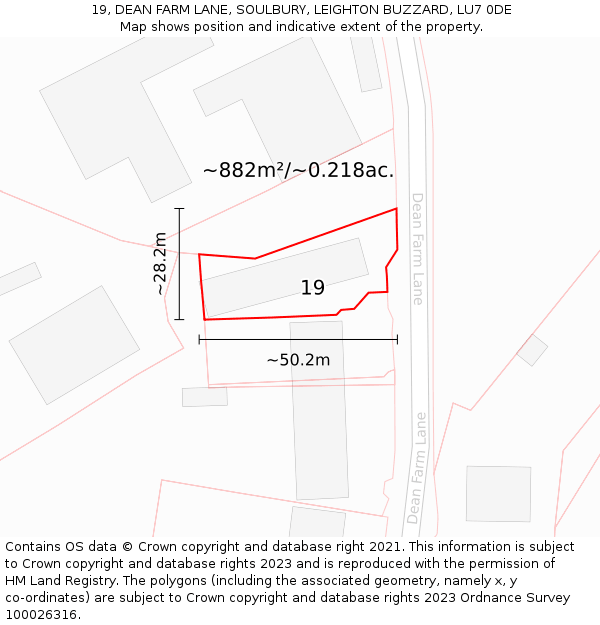 19, DEAN FARM LANE, SOULBURY, LEIGHTON BUZZARD, LU7 0DE: Plot and title map