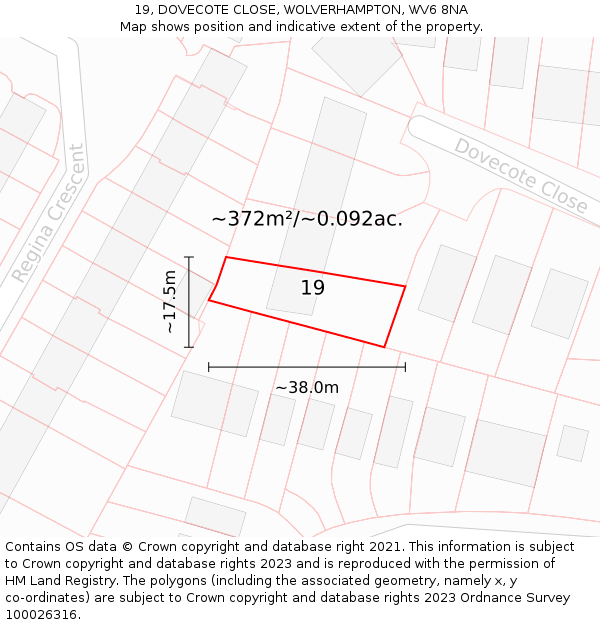 19, DOVECOTE CLOSE, WOLVERHAMPTON, WV6 8NA: Plot and title map