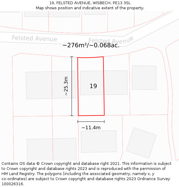 19, FELSTED AVENUE, WISBECH, PE13 3SL: Plot and title map