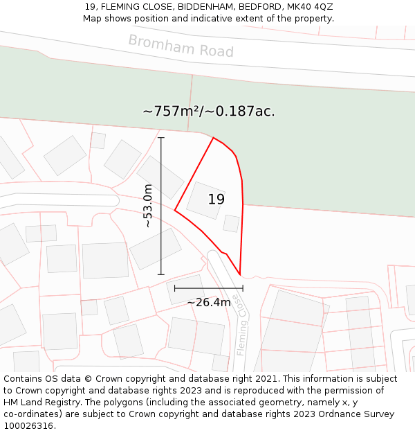 19, FLEMING CLOSE, BIDDENHAM, BEDFORD, MK40 4QZ: Plot and title map