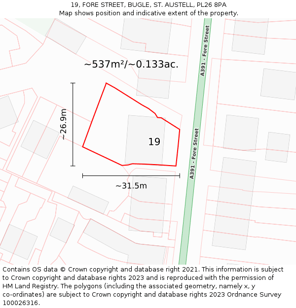 19, FORE STREET, BUGLE, ST. AUSTELL, PL26 8PA: Plot and title map