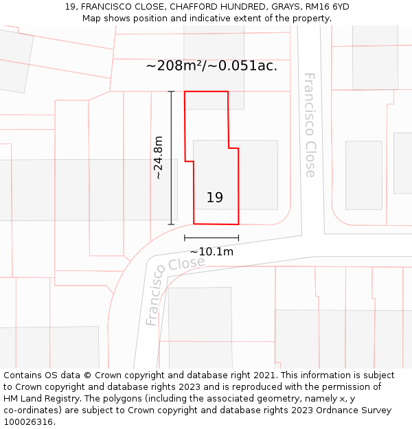 19, FRANCISCO CLOSE, CHAFFORD HUNDRED, GRAYS, RM16 6YD: Plot and title map