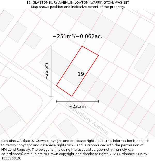 19, GLASTONBURY AVENUE, LOWTON, WARRINGTON, WA3 1ET: Plot and title map