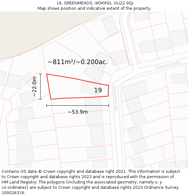 19, GREENMEADS, WOKING, GU22 9QJ: Plot and title map