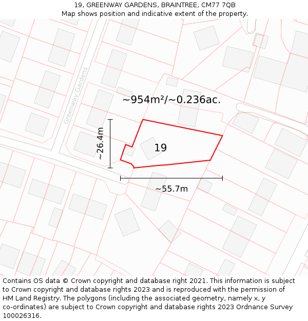 19, GREENWAY GARDENS, BRAINTREE, CM77 7QB: Plot and title map