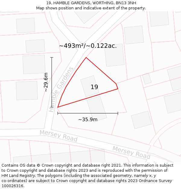 19, HAMBLE GARDENS, WORTHING, BN13 3NH: Plot and title map