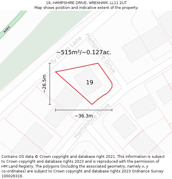 19, HAMPSHIRE DRIVE, WREXHAM, LL11 2UT: Plot and title map