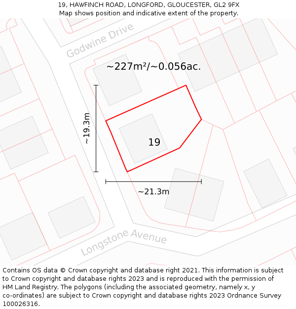 19, HAWFINCH ROAD, LONGFORD, GLOUCESTER, GL2 9FX: Plot and title map