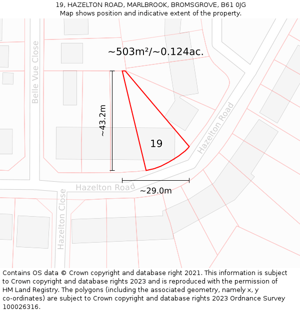 19, HAZELTON ROAD, MARLBROOK, BROMSGROVE, B61 0JG: Plot and title map