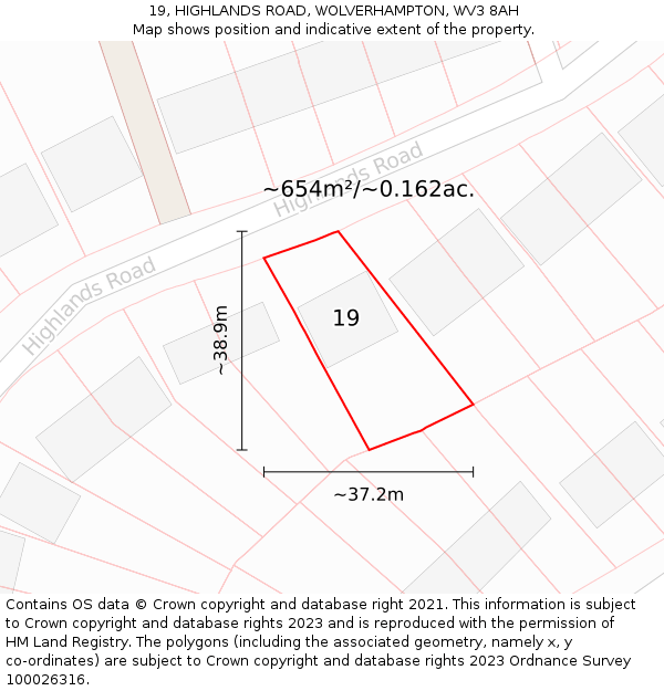 19, HIGHLANDS ROAD, WOLVERHAMPTON, WV3 8AH: Plot and title map