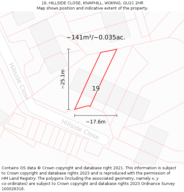 19, HILLSIDE CLOSE, KNAPHILL, WOKING, GU21 2HR: Plot and title map