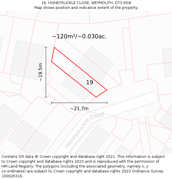 19, HONEYSUCKLE CLOSE, WEYMOUTH, DT3 6SW: Plot and title map