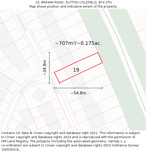 19, IRNHAM ROAD, SUTTON COLDFIELD, B74 2TN: Plot and title map