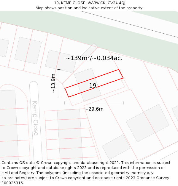 19, KEMP CLOSE, WARWICK, CV34 4QJ: Plot and title map