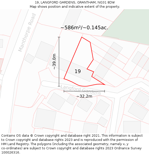 19, LANGFORD GARDENS, GRANTHAM, NG31 8DW: Plot and title map