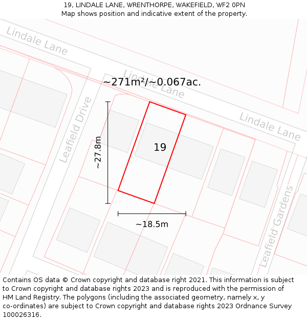 19, LINDALE LANE, WRENTHORPE, WAKEFIELD, WF2 0PN: Plot and title map