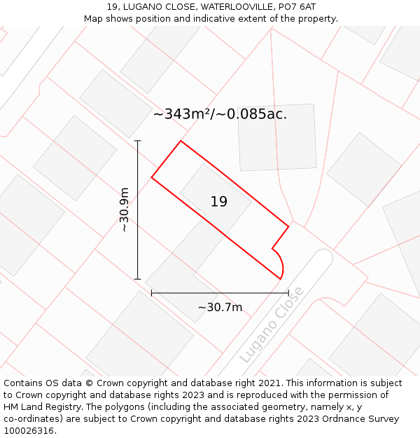 19, LUGANO CLOSE, WATERLOOVILLE, PO7 6AT: Plot and title map