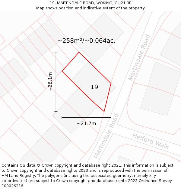 19, MARTINDALE ROAD, WOKING, GU21 3PJ: Plot and title map