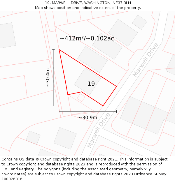 19, MARWELL DRIVE, WASHINGTON, NE37 3LH: Plot and title map