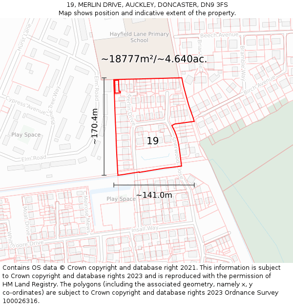 19, MERLIN DRIVE, AUCKLEY, DONCASTER, DN9 3FS: Plot and title map