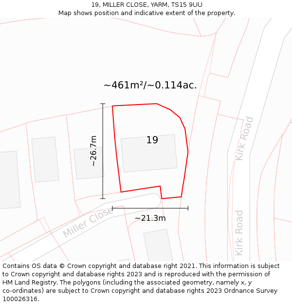 19, MILLER CLOSE, YARM, TS15 9UU: Plot and title map