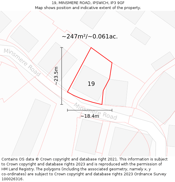 19, MINSMERE ROAD, IPSWICH, IP3 9GF: Plot and title map