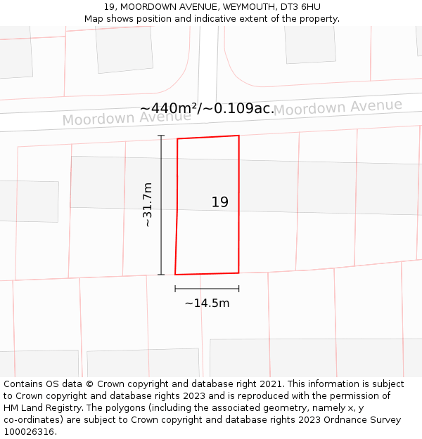 19, MOORDOWN AVENUE, WEYMOUTH, DT3 6HU: Plot and title map