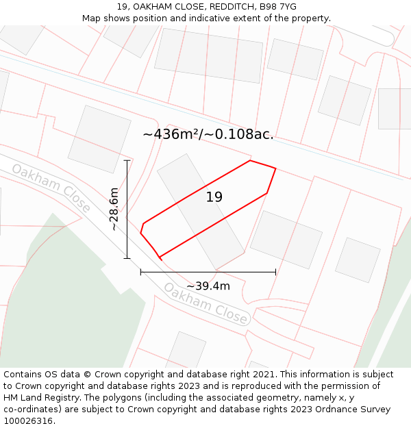 19, OAKHAM CLOSE, REDDITCH, B98 7YG: Plot and title map