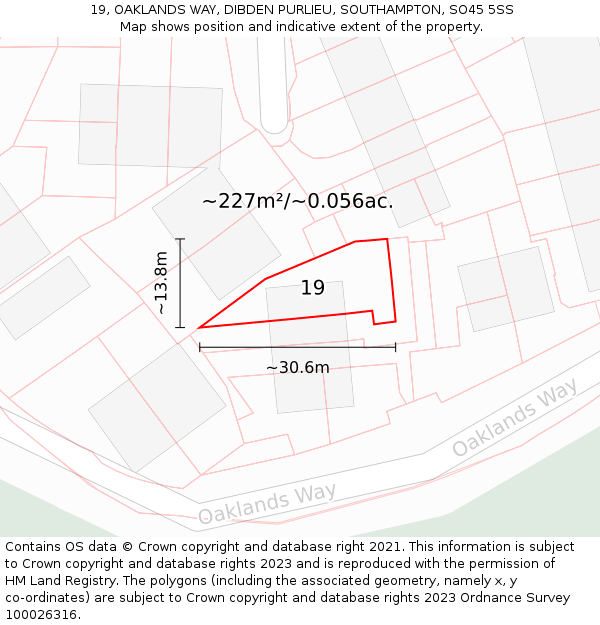 19, OAKLANDS WAY, DIBDEN PURLIEU, SOUTHAMPTON, SO45 5SS: Plot and title map