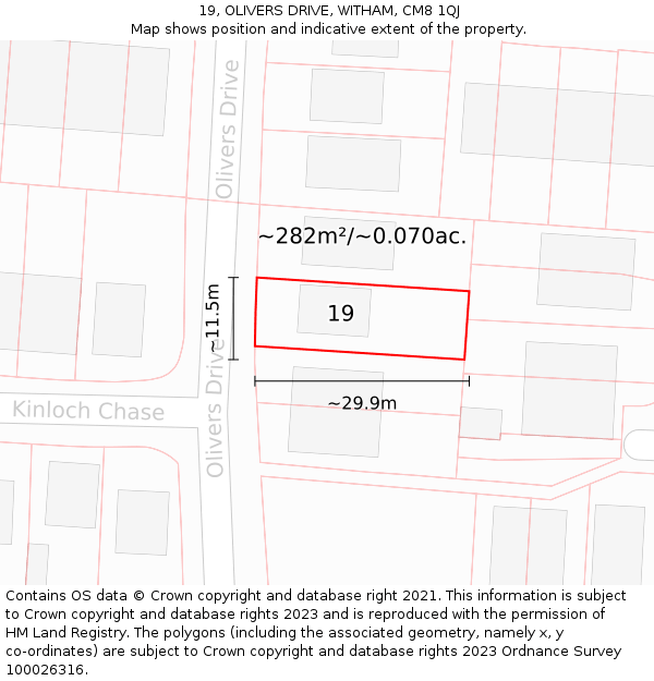 19, OLIVERS DRIVE, WITHAM, CM8 1QJ: Plot and title map