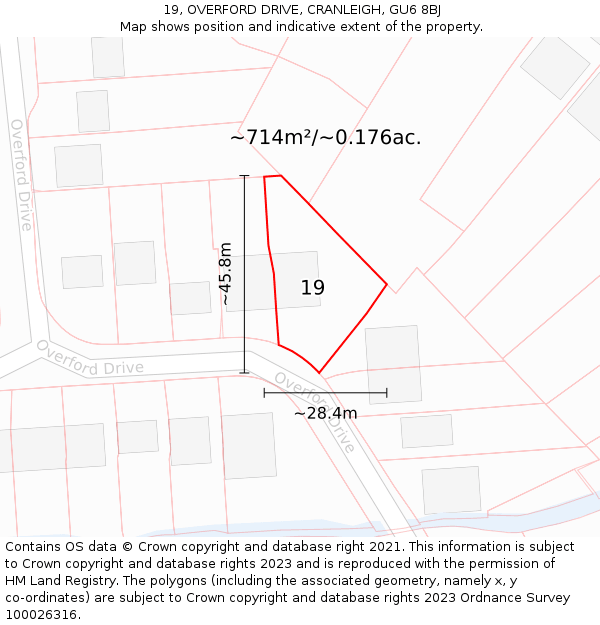 19, OVERFORD DRIVE, CRANLEIGH, GU6 8BJ: Plot and title map