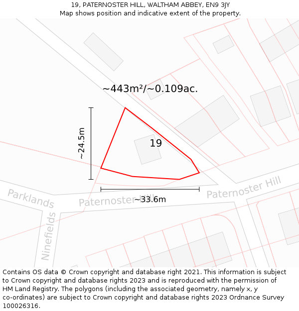 19, PATERNOSTER HILL, WALTHAM ABBEY, EN9 3JY: Plot and title map