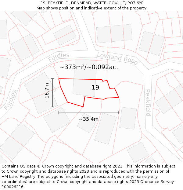 19, PEAKFIELD, DENMEAD, WATERLOOVILLE, PO7 6YP: Plot and title map