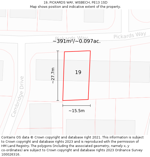 19, PICKARDS WAY, WISBECH, PE13 1SD: Plot and title map