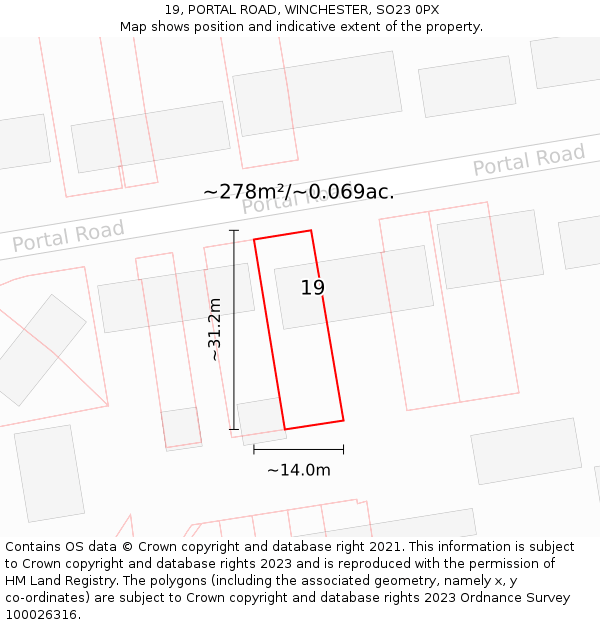 19, PORTAL ROAD, WINCHESTER, SO23 0PX: Plot and title map