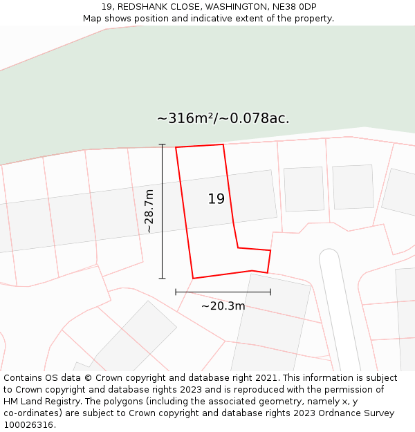 19, REDSHANK CLOSE, WASHINGTON, NE38 0DP: Plot and title map