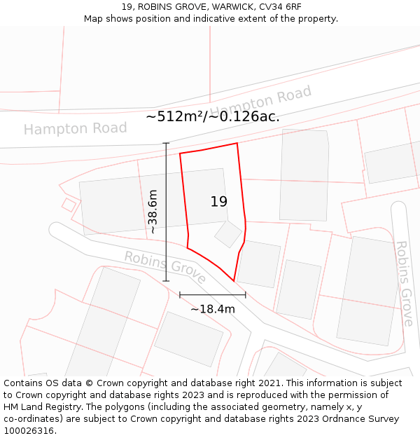 19, ROBINS GROVE, WARWICK, CV34 6RF: Plot and title map