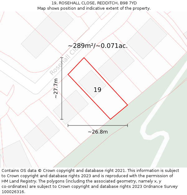 19, ROSEHALL CLOSE, REDDITCH, B98 7YD: Plot and title map