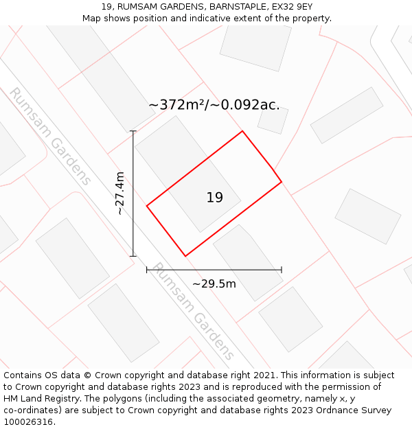 19, RUMSAM GARDENS, BARNSTAPLE, EX32 9EY: Plot and title map